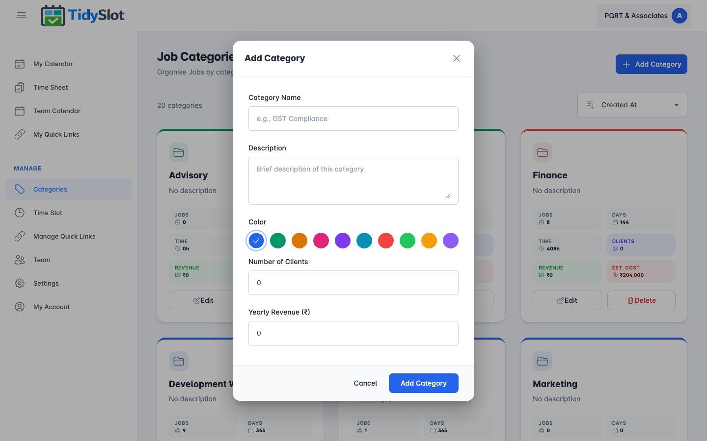 Add Category modal — name and colour picker