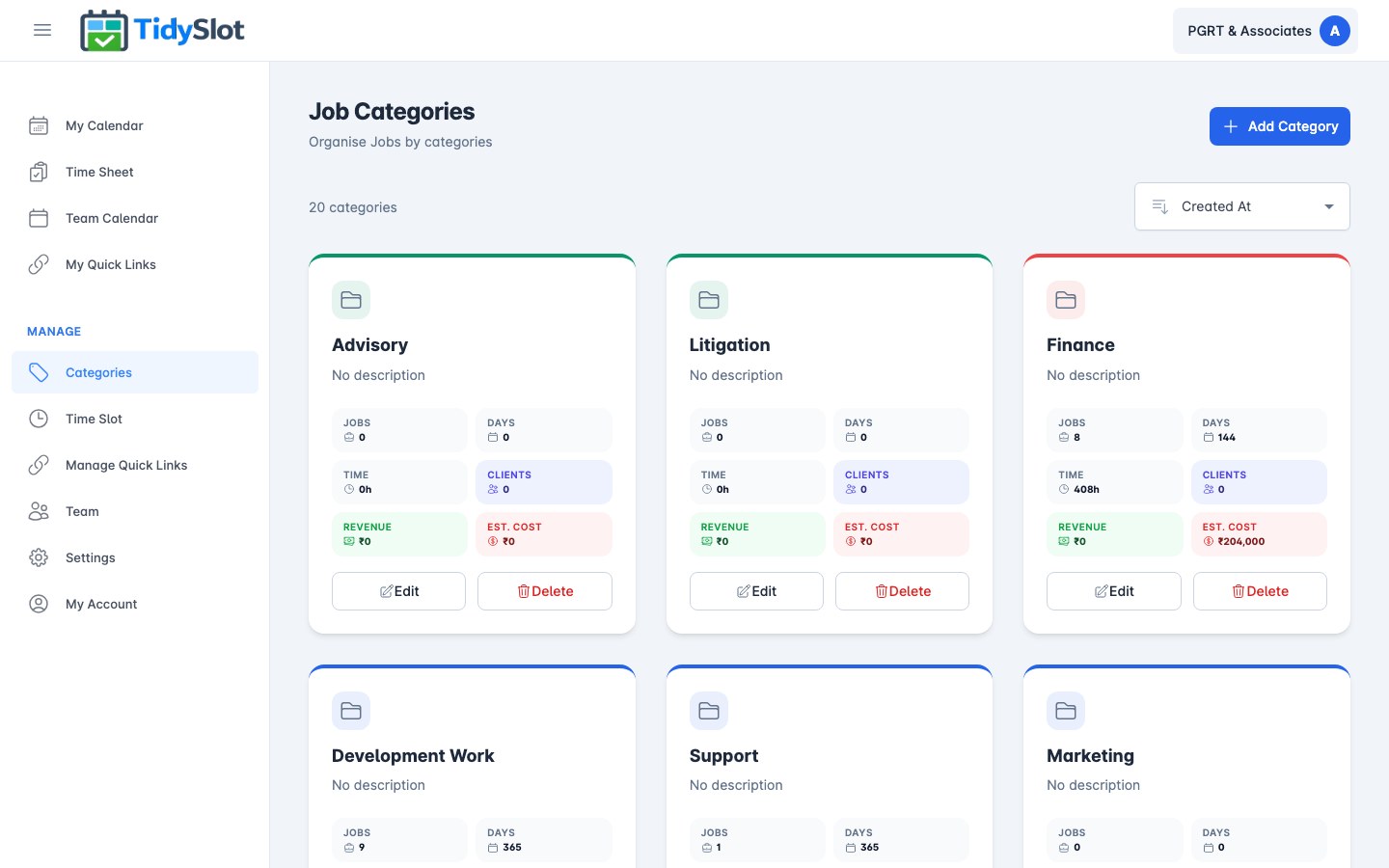 Categories management page
