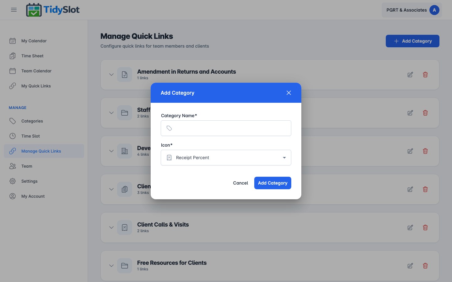 Manage Quick Links — add new link form