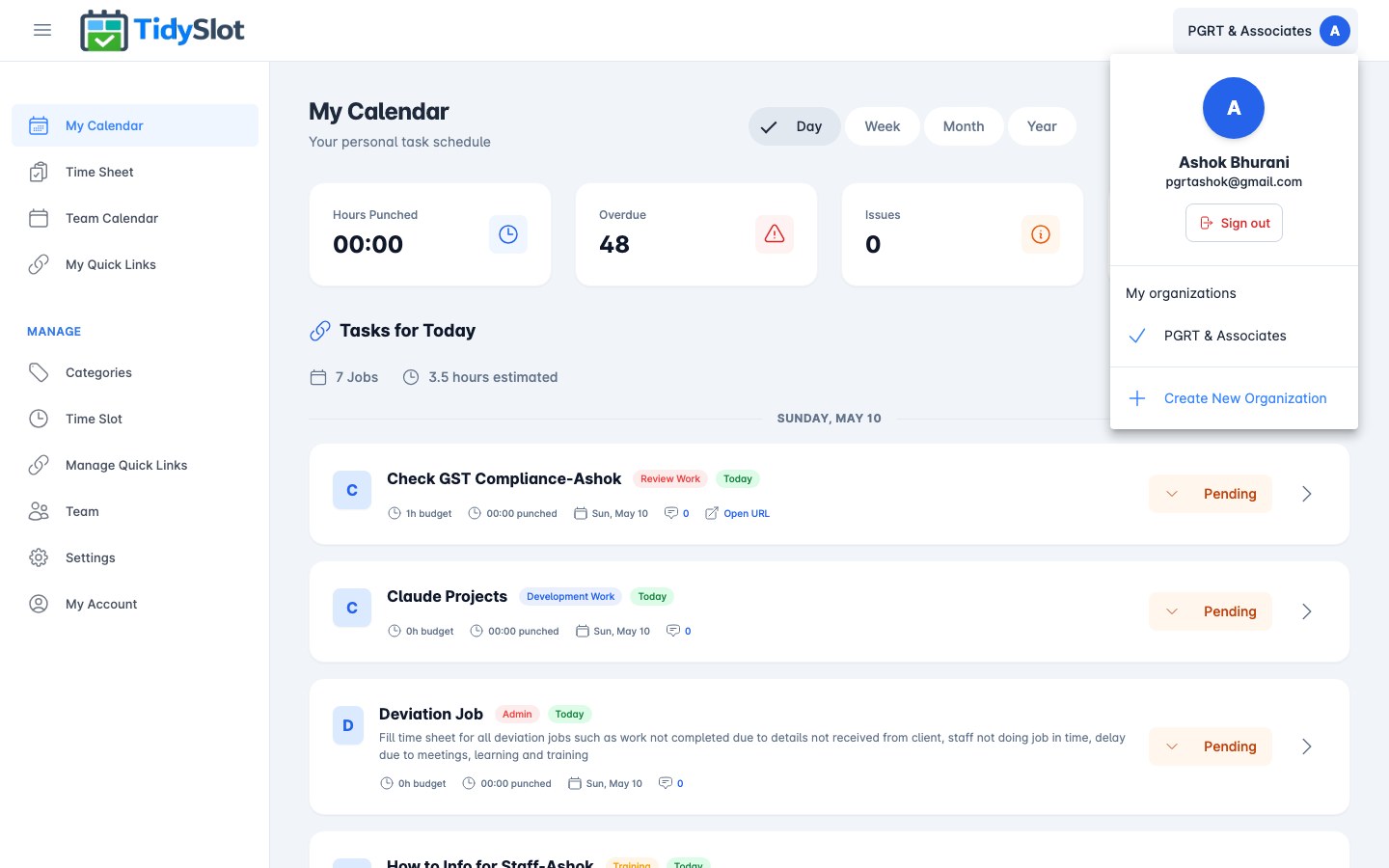 My Calendar — job detail panel with punch hours