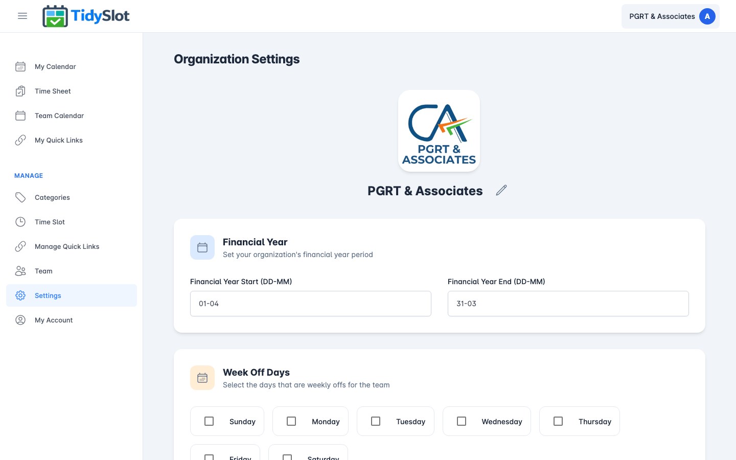 Organisation Settings — financial year, week off days, monthly working hours