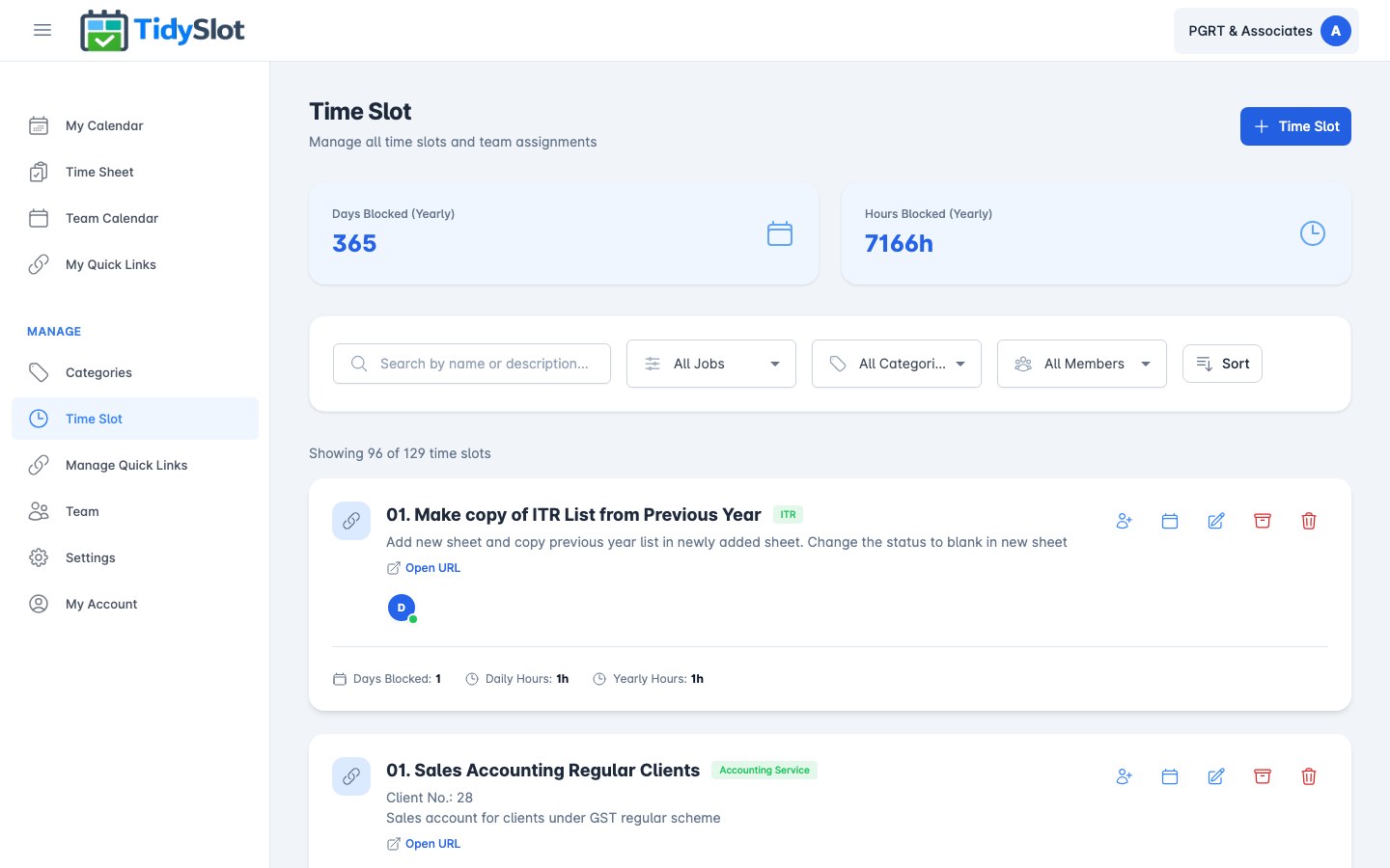 Time Slot management page